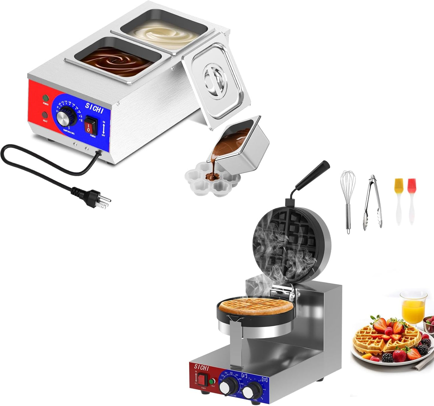 Máquina de gofres y templadora de chocolate con platos giratorios antiadherentes