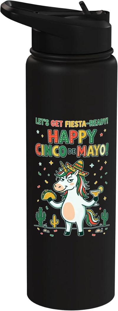 Botella de agua acero inoxidable con diseño fiesta unicornio Cinco de Mayo