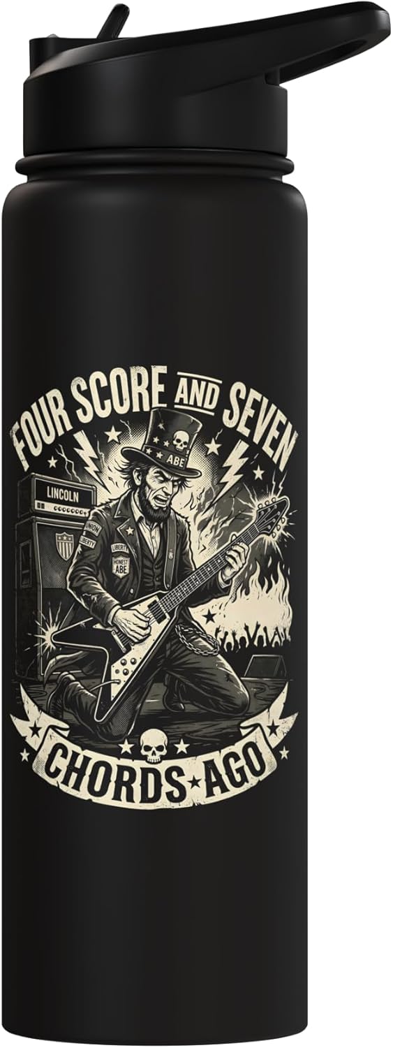 Botella de agua acero inoxidable sin BPA con diseño Abraham Lincoln tocando guitarra eléctrica