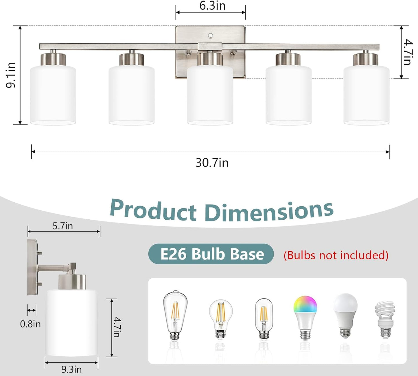 Lámpara baño níquel cepillado 5 luces vidrio esmerilado blanco