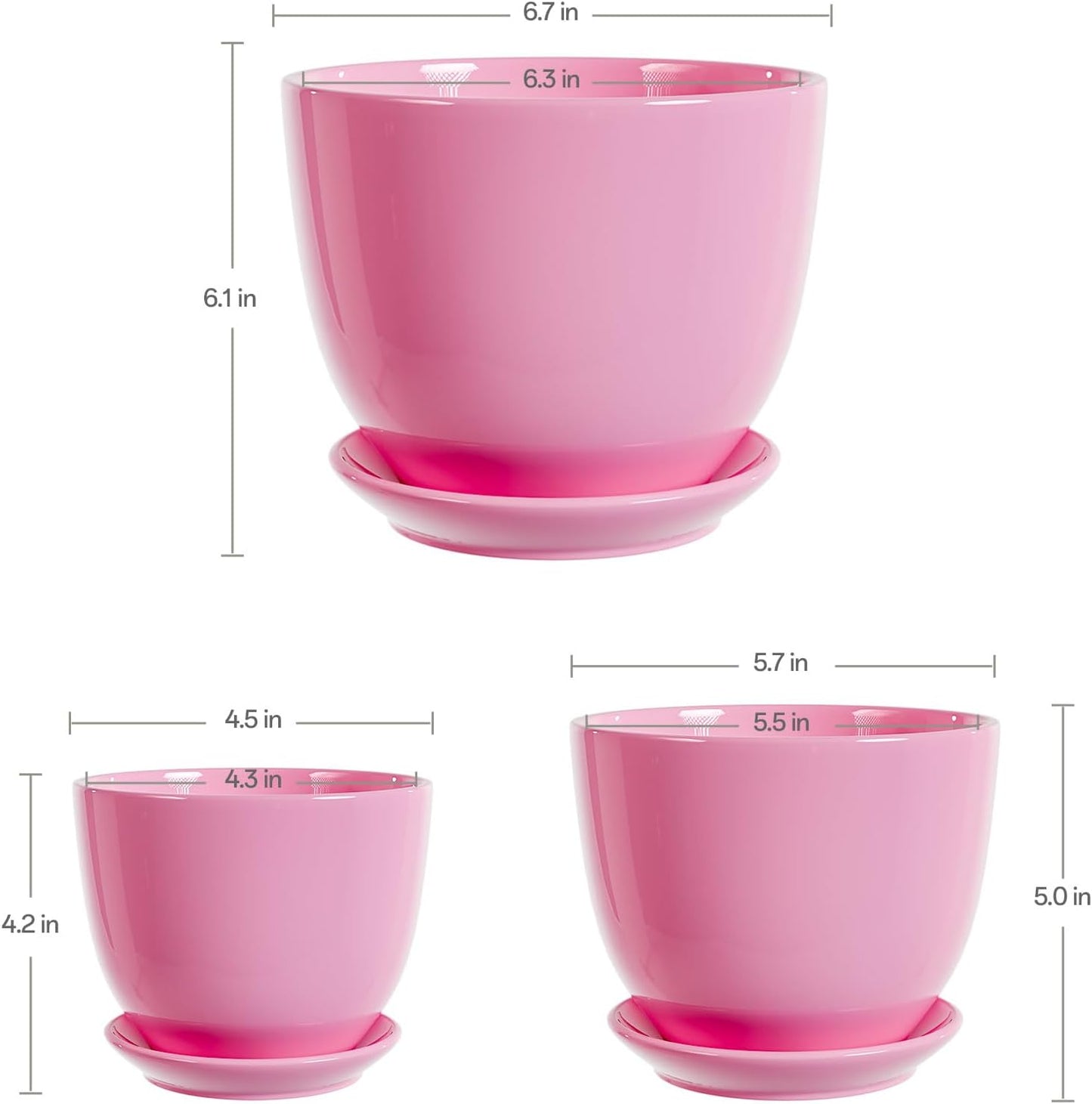 Macetas cerámica rosa set 3 4x5x6pulg esmaltadas con drenaje