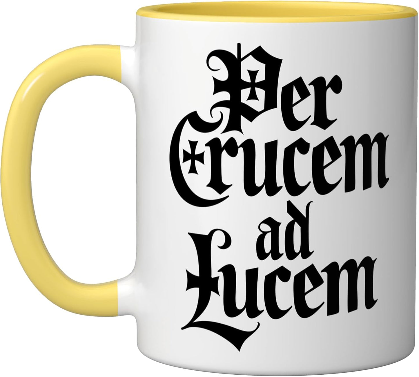 Taza cerámica Per Crucem ad Lucem Templario amarillo/blanco
