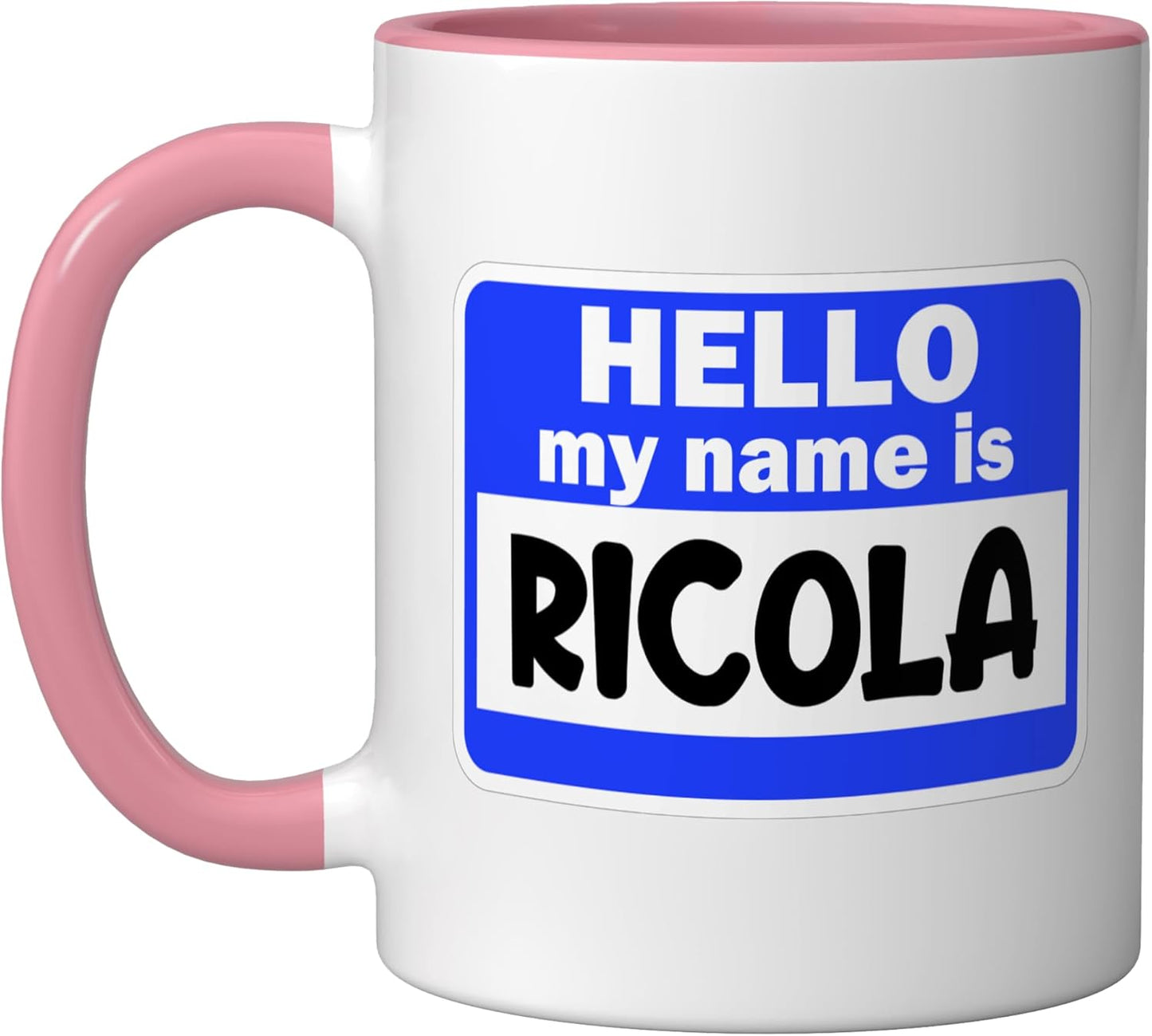 Taza cerámica Funny Hi Hello Mi nombre es Ricola en etiqueta rosa/blanca