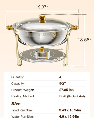 Set 4 Platos Acero Inox 8QT Dorado Calentador Alimentos