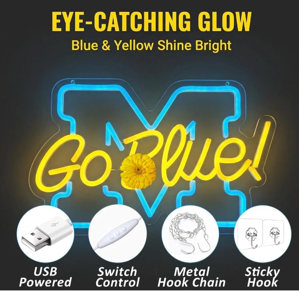 Letrero LED GO BLUE arte de pared para fans Michigan