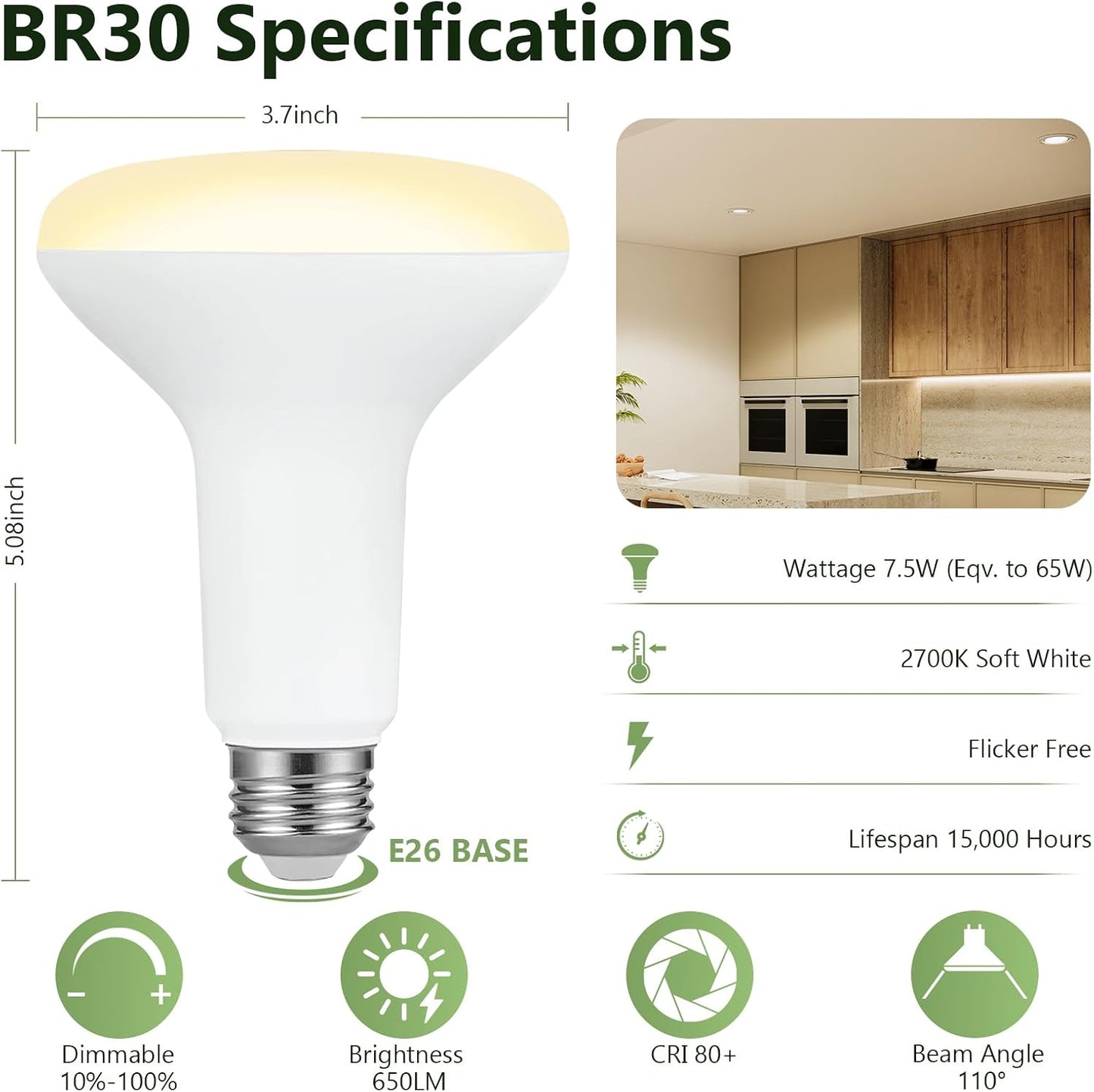 Pack 24 Bombillas LED BR30 7.5W 2700K Luz Inundación E26