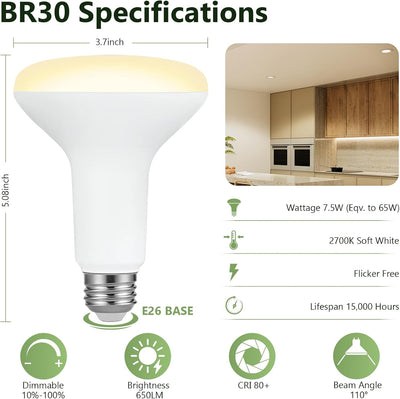 Pack 24 Bombillas LED BR30 7.5W 2700K Luz Inundación E26