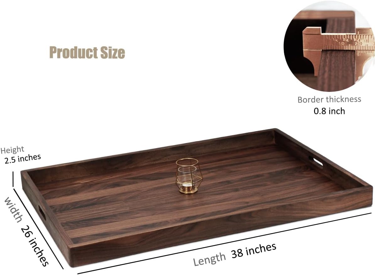 Bandeja otomana rectangular de madera negra con asas para servir té y café
