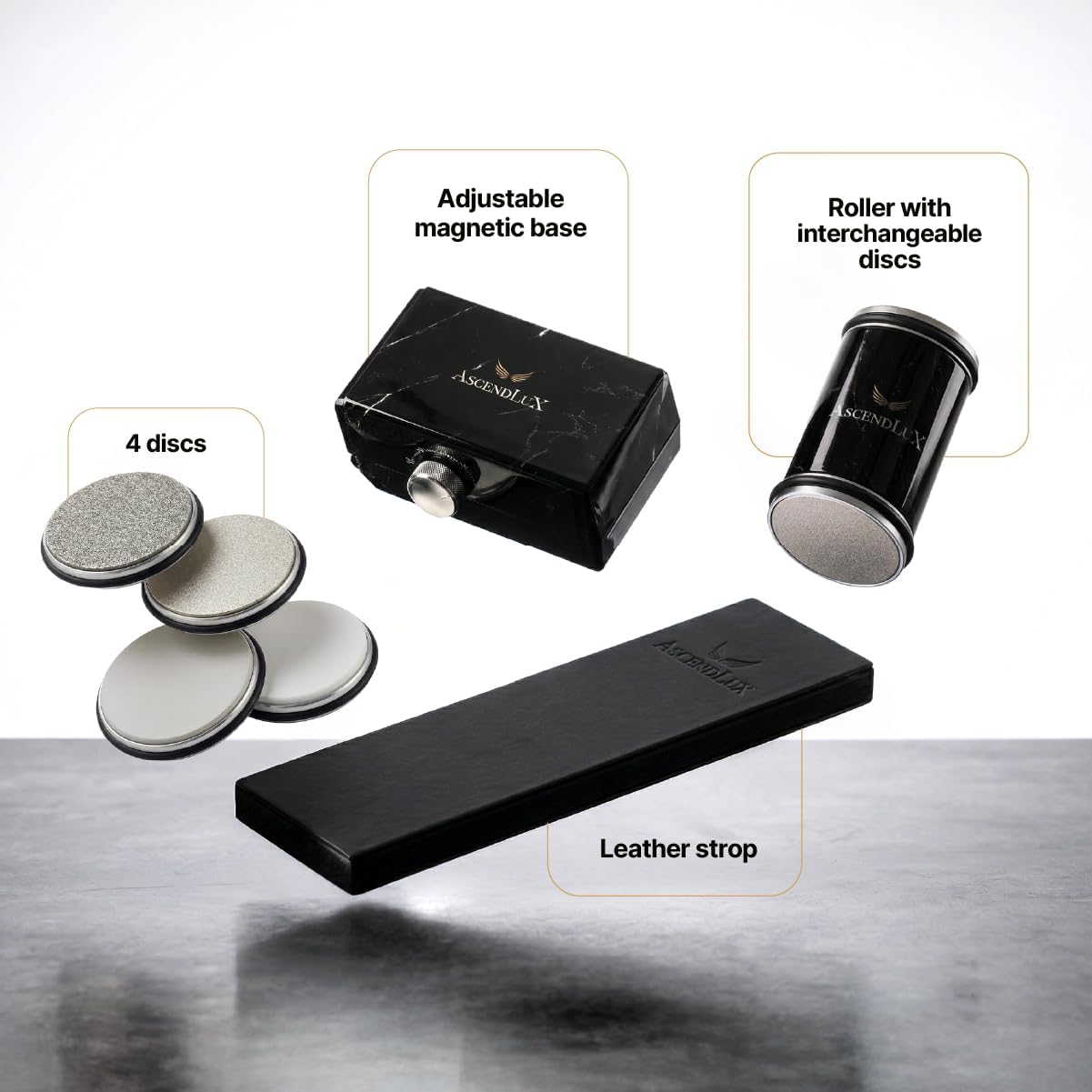 Kit afilador cuchillos rodantes con ángulo ajustable 10-30° y trampa de cuero