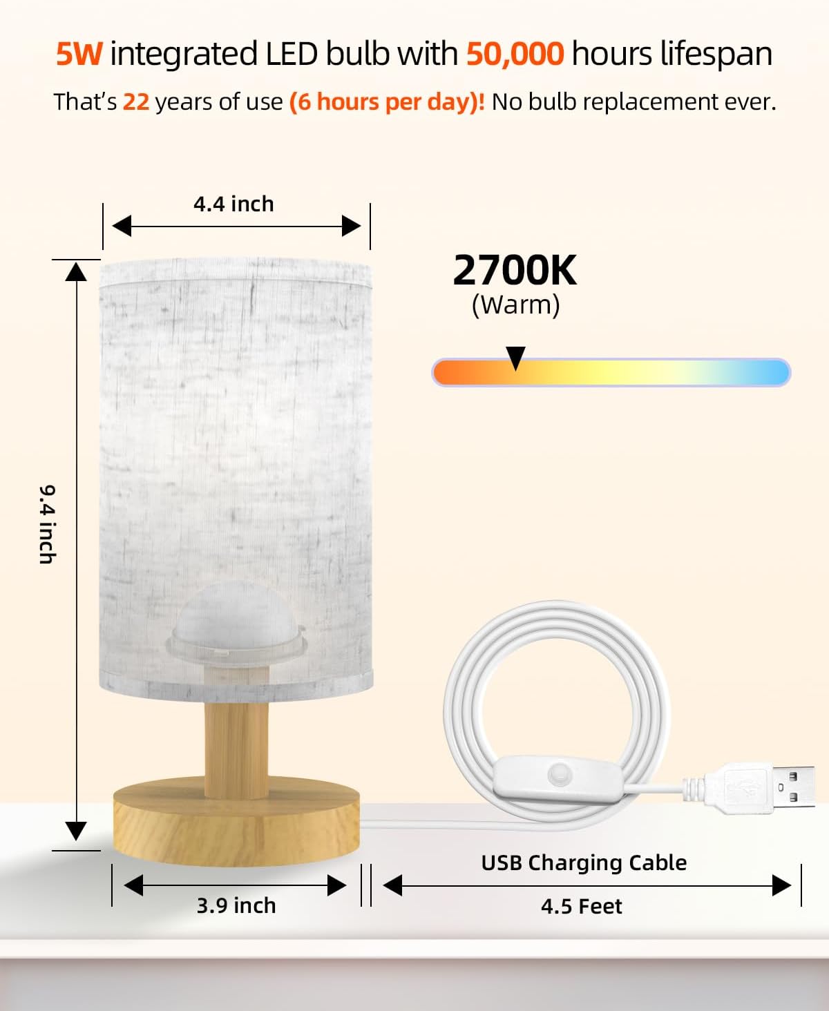 Lámpara mesa noche LED luz cálida base madera pantalla lino