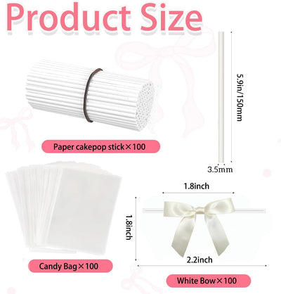 Juego de 100 palitos para tartas y bolsas de golosinas con envoltorios y corbatines blancos