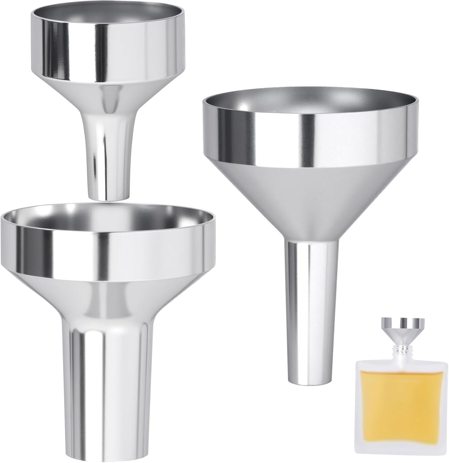 3 embudos metálicos pequeños para botellas y especias, color plateado