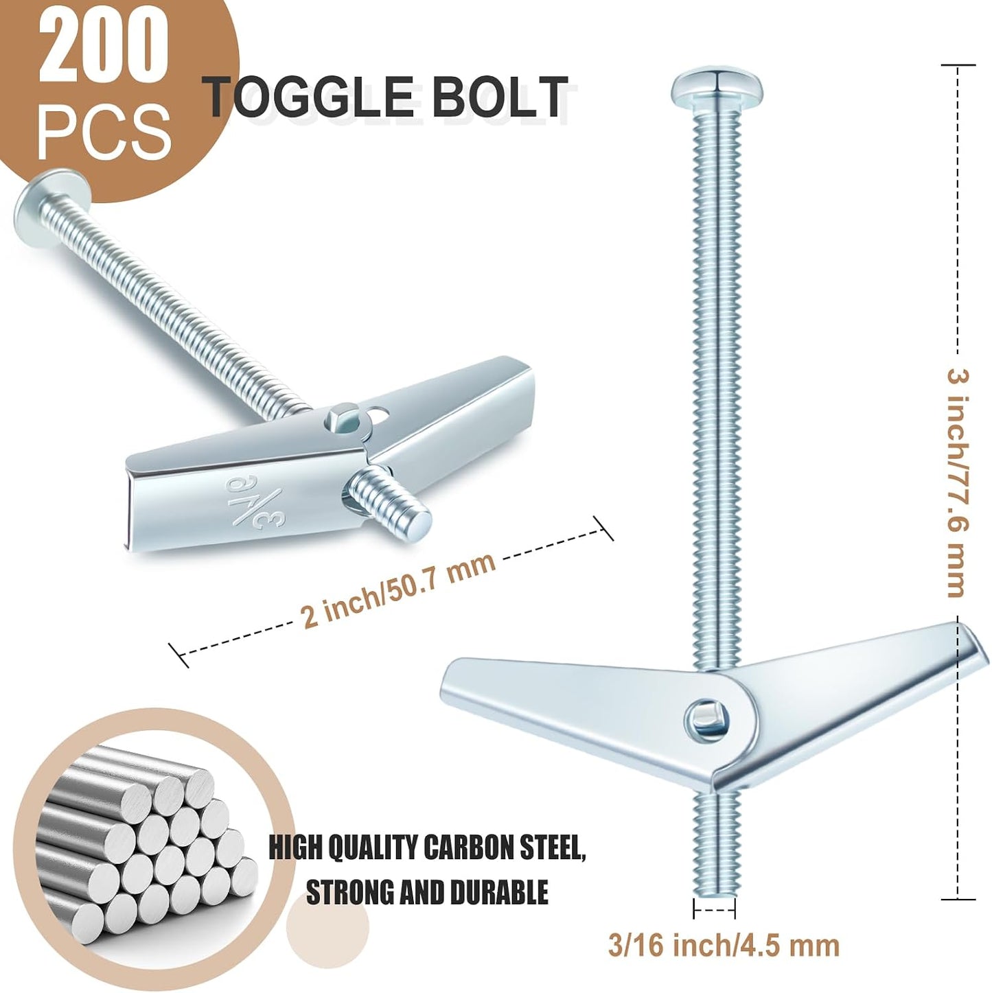 200 Palancas 3/16x3pulg Anclajes Pared Yeso Tuercas Ala
