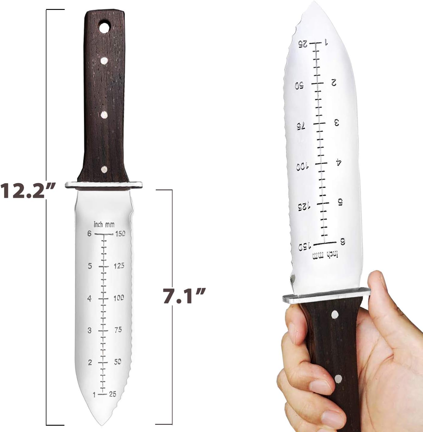 Cuchillo jardín Hori Hori acero inox con funda cuero