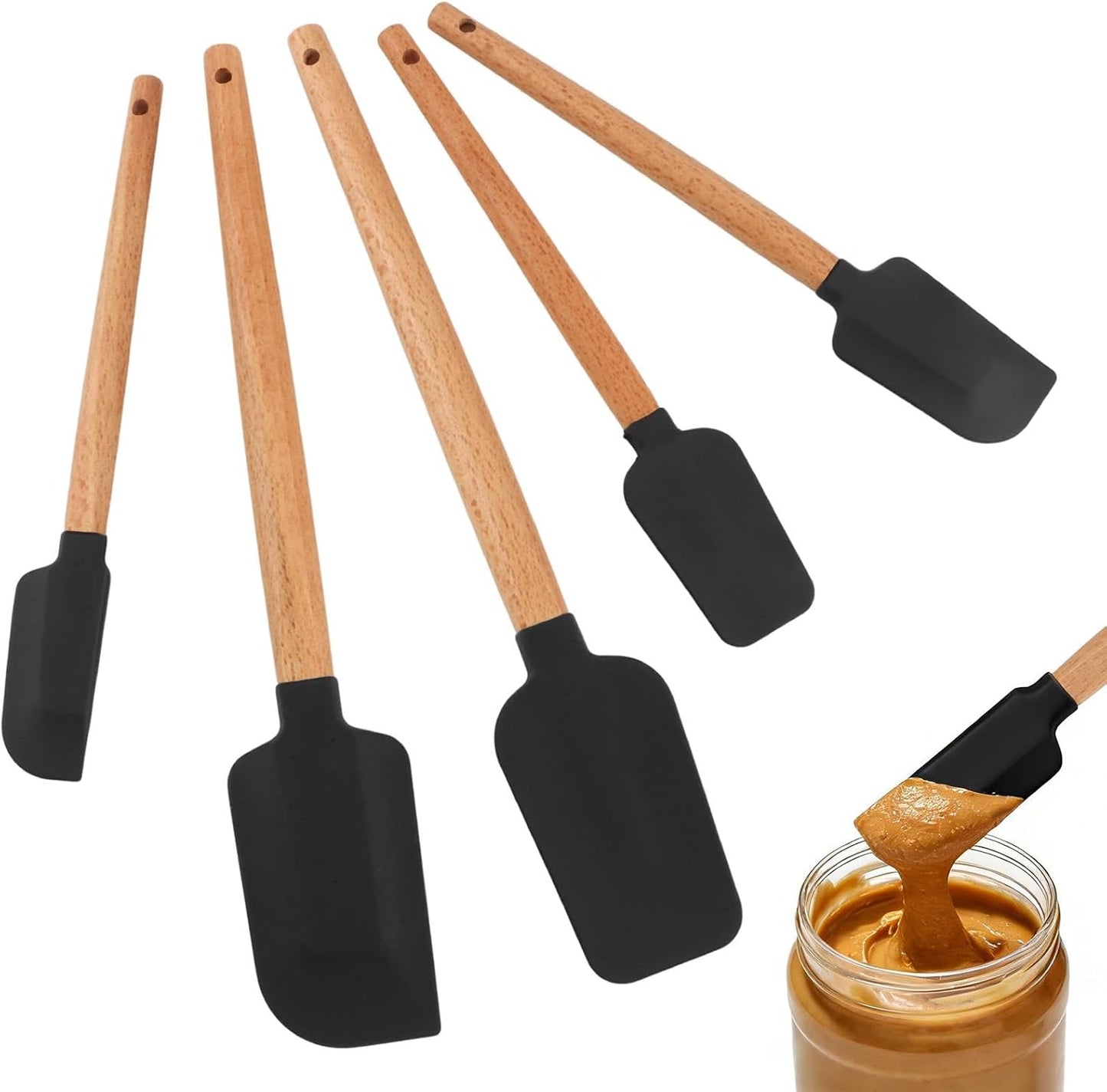 Set de 5 espátulas de silicona con mango de madera para cocinar y hornear