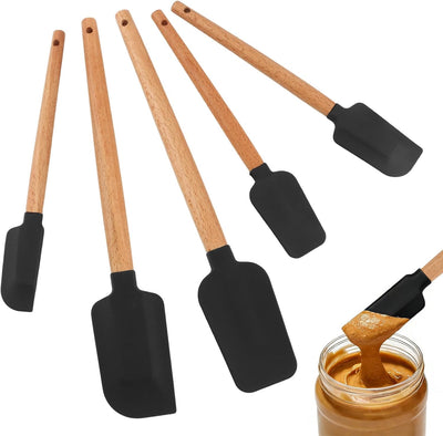 Set de 5 espátulas de silicona con mango de madera para cocinar y hornear