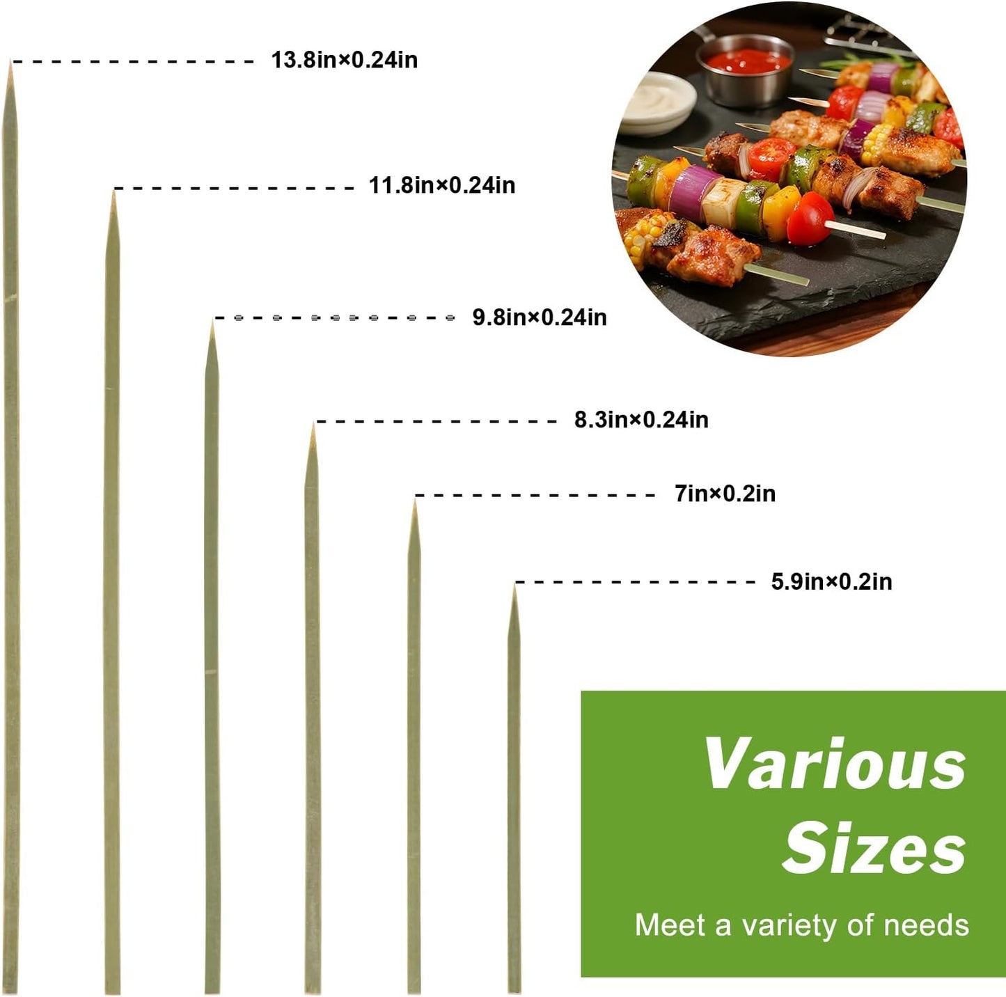 200 Pinchos Bambú 12pulg Verde Asar Frutas Kababs
