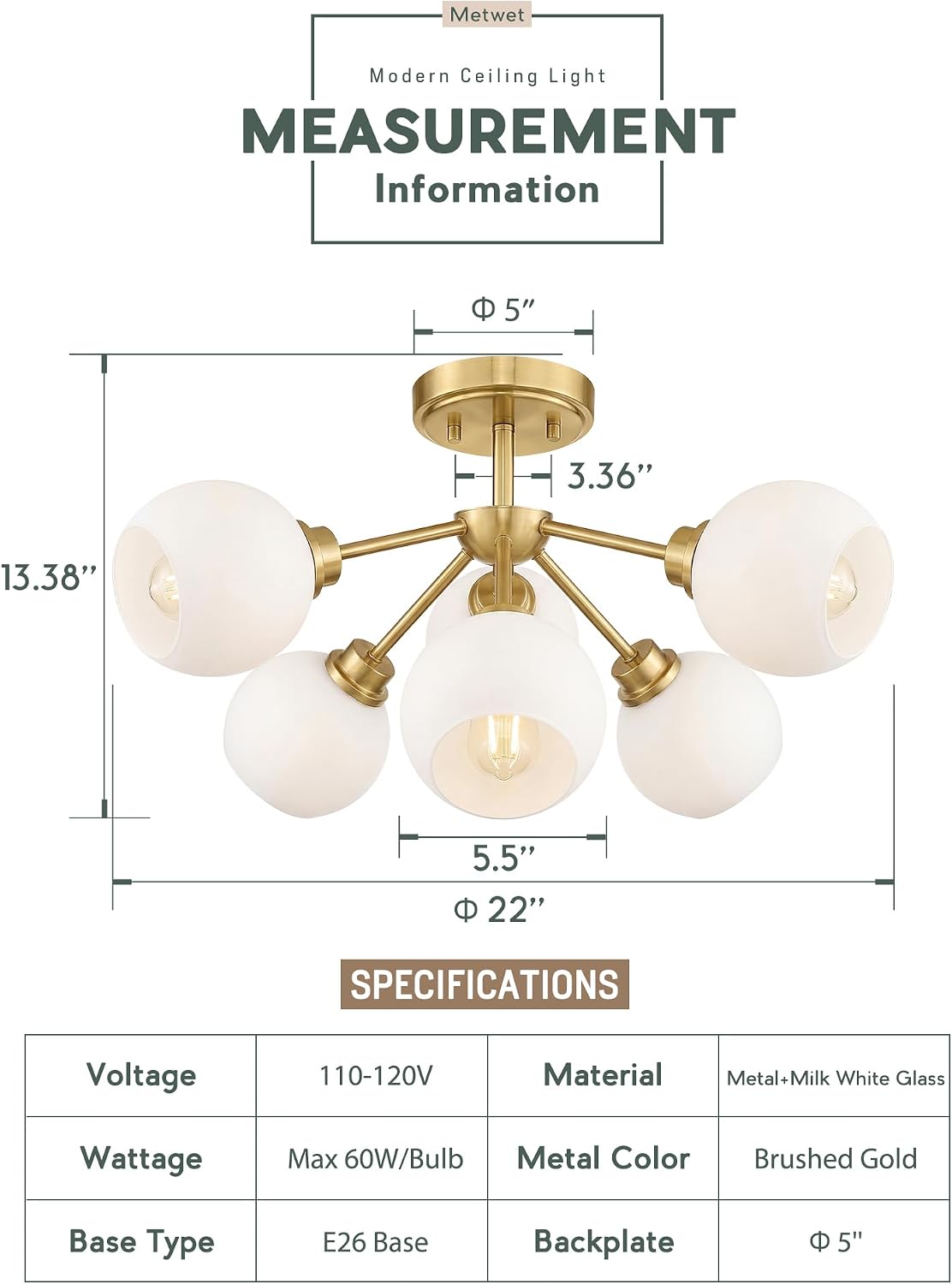 Lámpara techo 6 luces 22pulg vidrio blanco leche dorado cocina