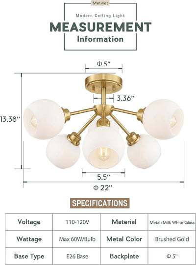 Lámpara techo 6 luces 22pulg vidrio blanco leche dorado cocina
