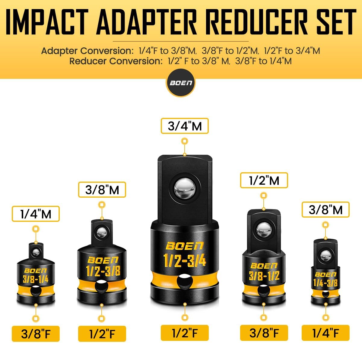 Set 5 Adaptadores Vaso Impacto Reductor 1/4-3/8-1/2 Pulg Acero Cr-Mo