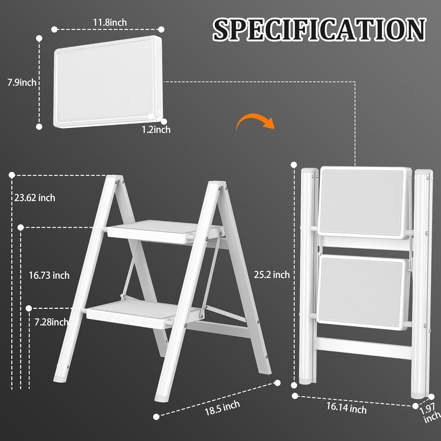 Escalera plegable 2 escalones acero 600lb antideslizante