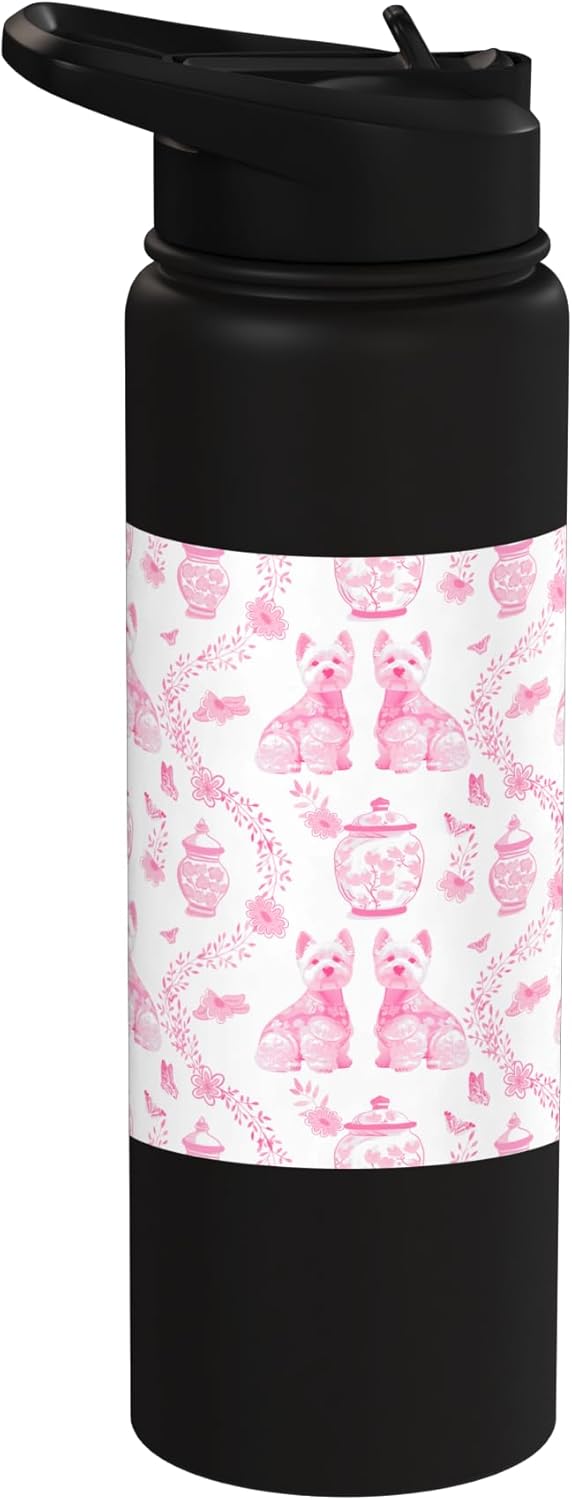 Botella de agua acero inoxidable Westie dog Preppy rosa y blanco