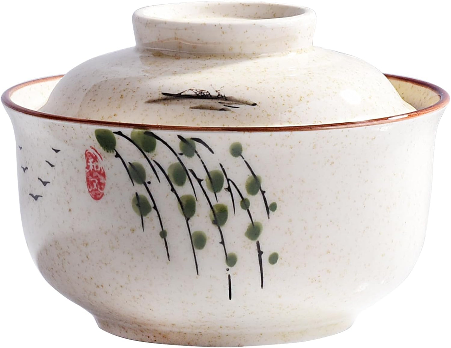 Cuenco de cerámica con tapa estilo japonés pintado a mano para arroz, guiso y postre