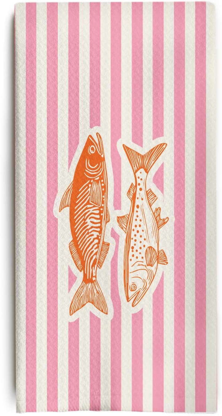 Toallas de cocina a rayas rosadas con motivos marinos y peces