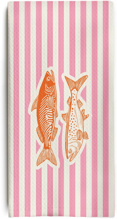 Toallas de cocina a rayas rosadas con motivos marinos y peces