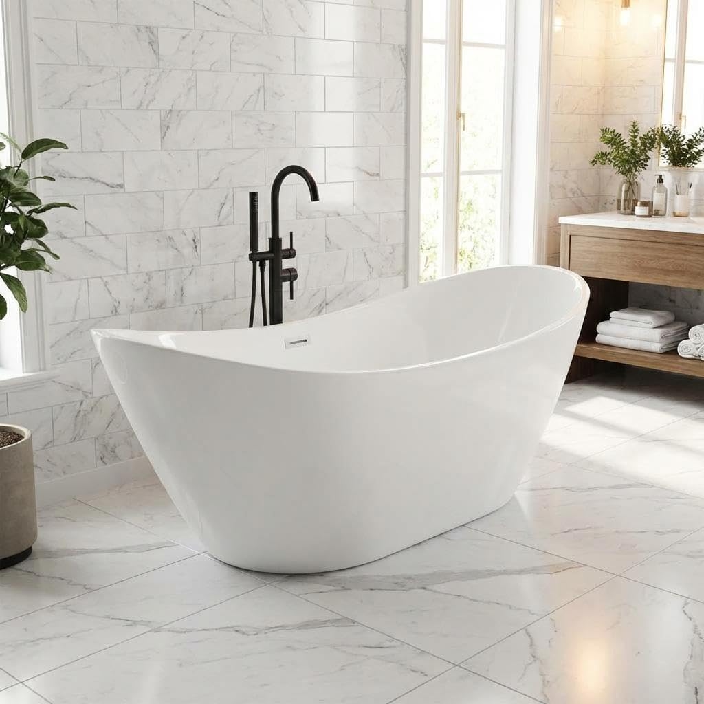 Bañera acrílica independiente 59pulg base antiderrap cromado blanco