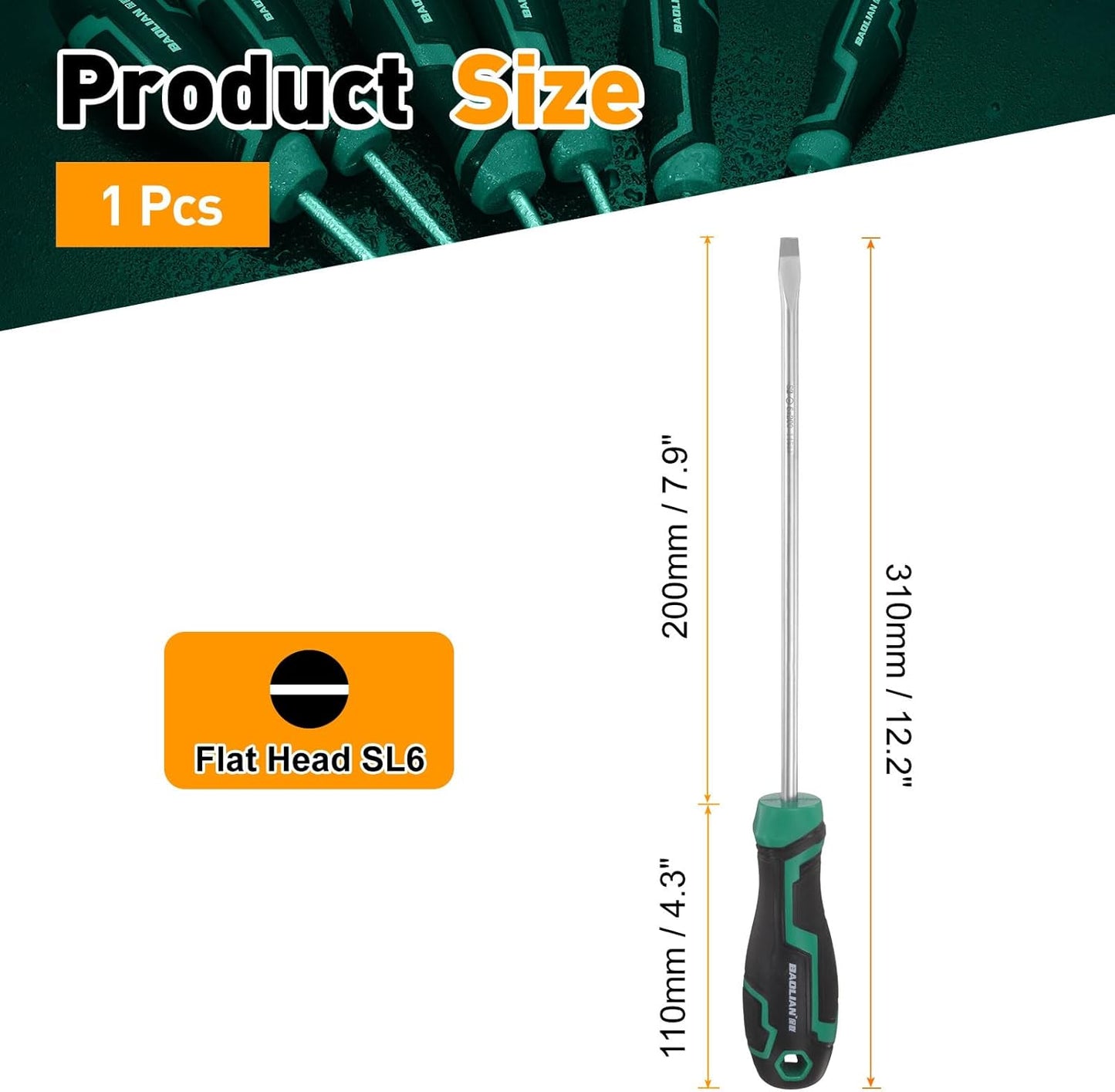 Destornillador plano magnético acero S2 12.2pulg ergonómico