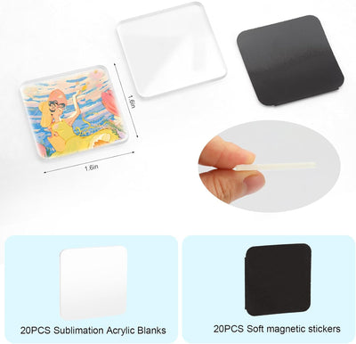 20 piezas acrílico transparente y 20 imanes sublimación blanca 1.6 x 1.6 pulgadas hojas magnéticas para nevera