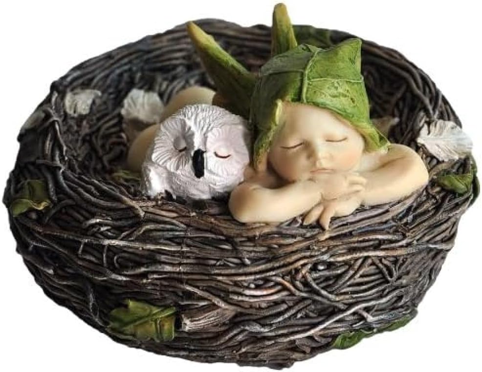 Figuras bebé hadas durmiendo búho nido blanco marrón crema verde