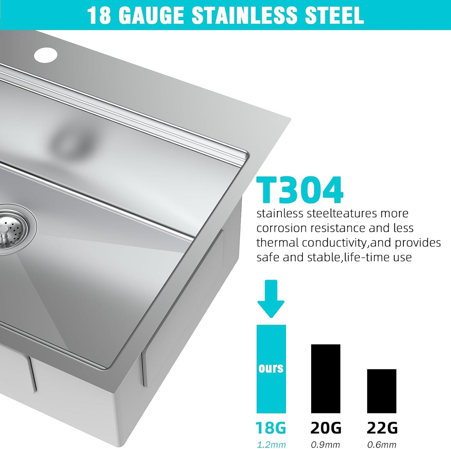 Fregadero cocina acero inox 33x22pulg estación trabajo