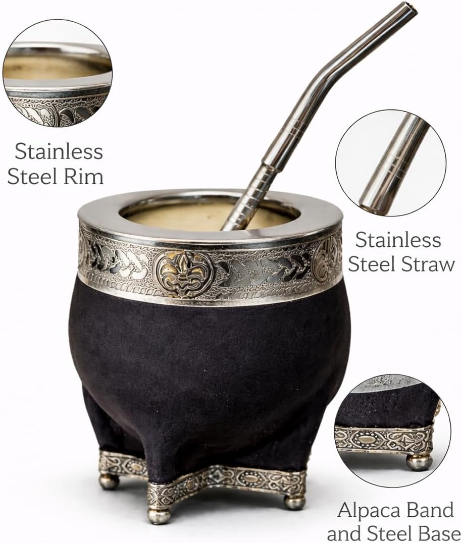 Juego Tazas Yerba Mate Popote Base Alpaca Calabash Cuero