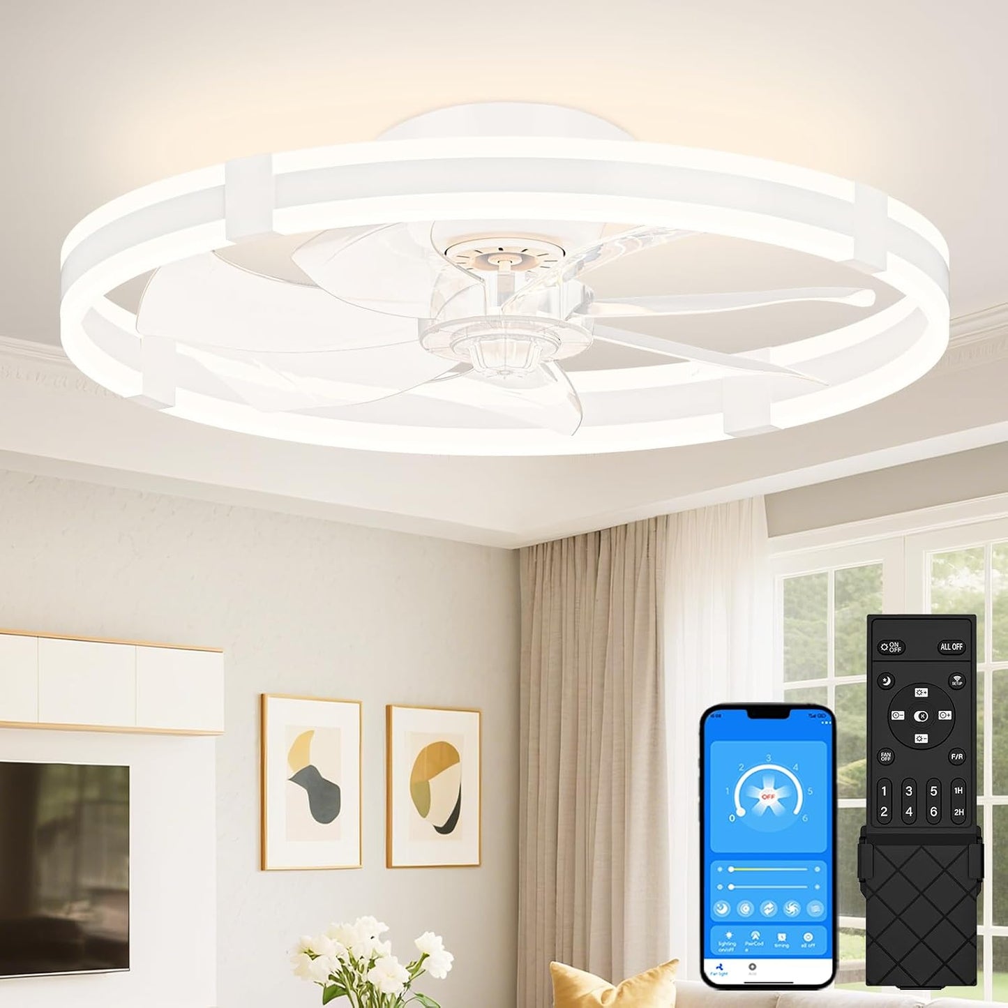 Ventilador techo bajo 23.6pulg luz control remoto 3000-6500K blanco