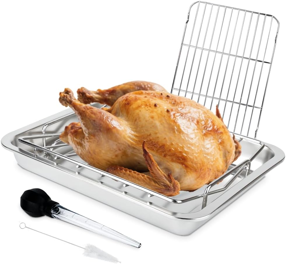 Estante asar pavos acero inox con sartén 15.5x11.6pulg