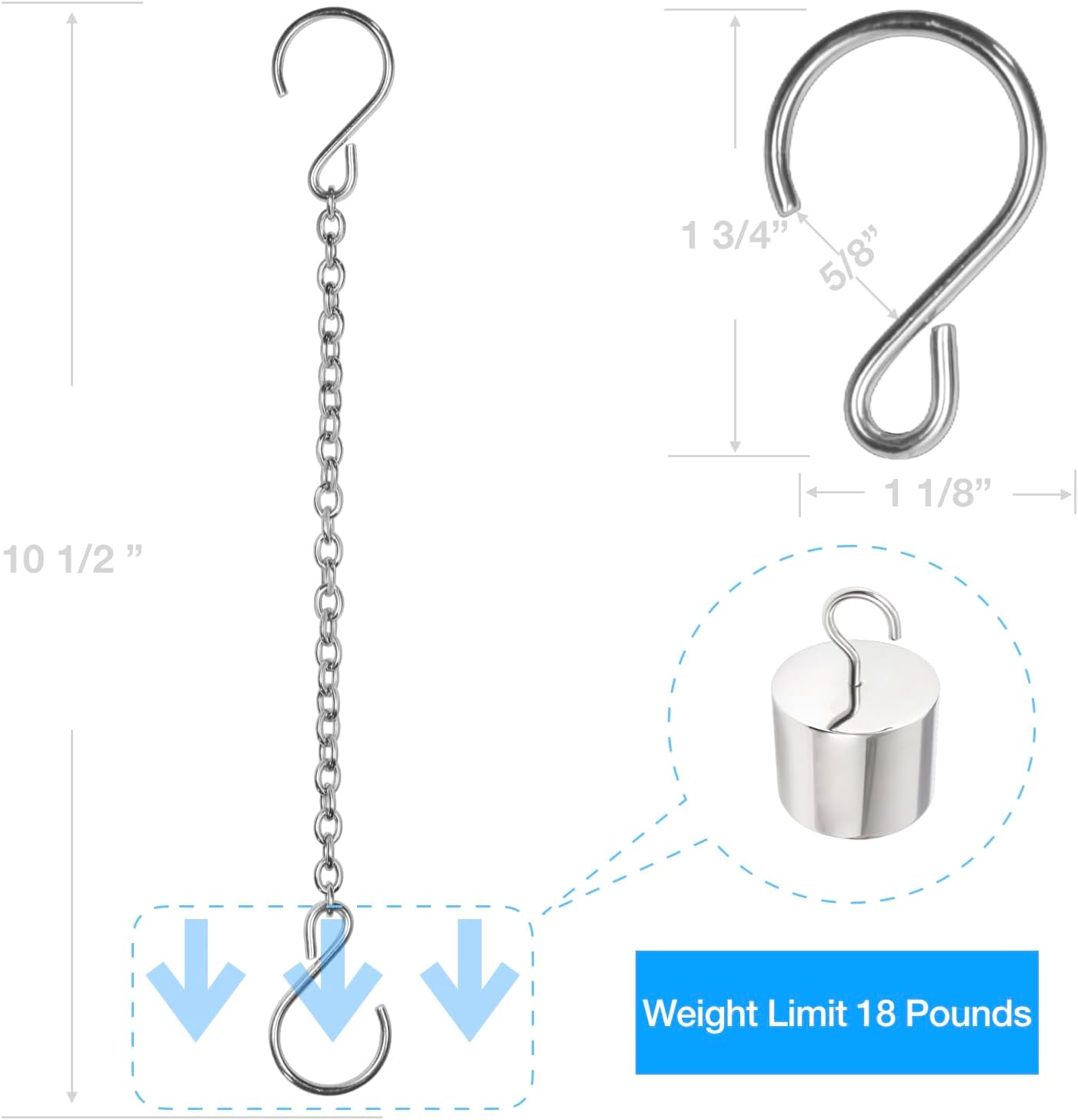 Cadena acero inox 10.5pulg ganchos S dobles vallas macetas