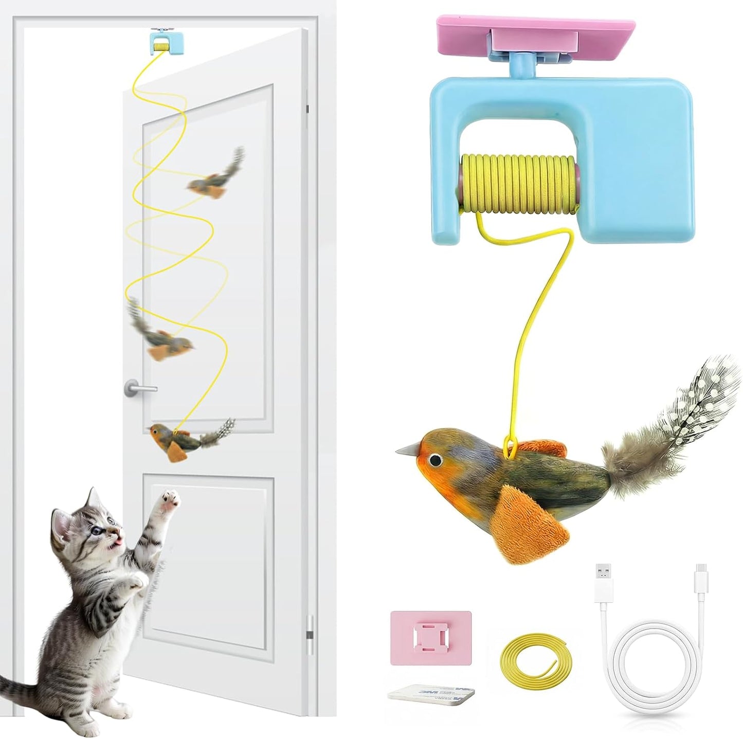 Juguetes colgantes para gatos con pájaros y hierba