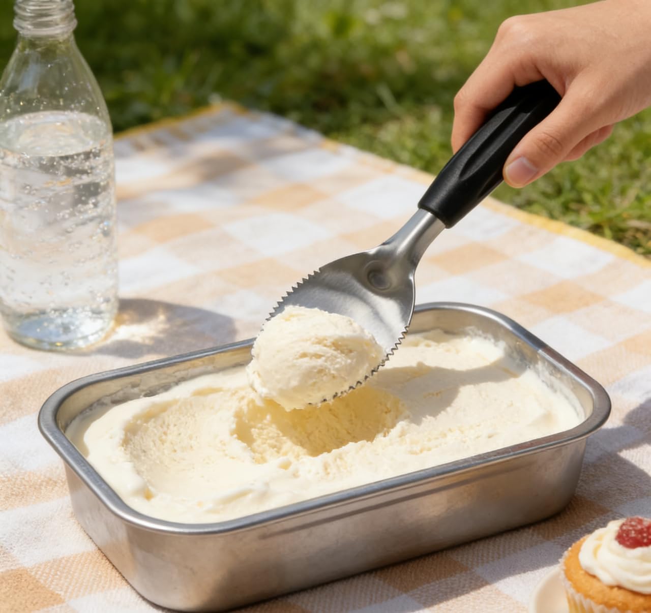 Cuchara de pala para helado plana con borde dentado, fácil de tallar y raspar