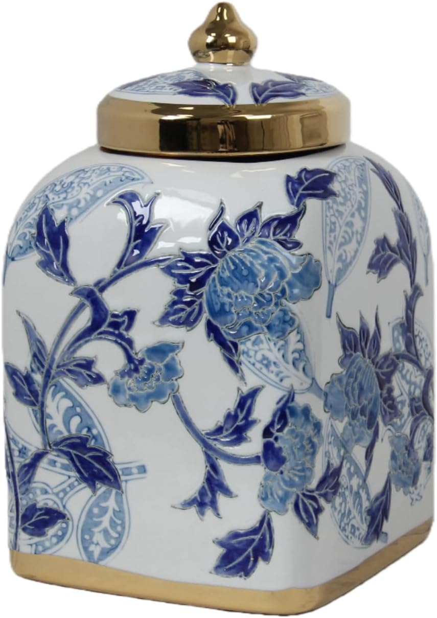 Recipiente té cerámica azul blanco tapa hermética 10pulg