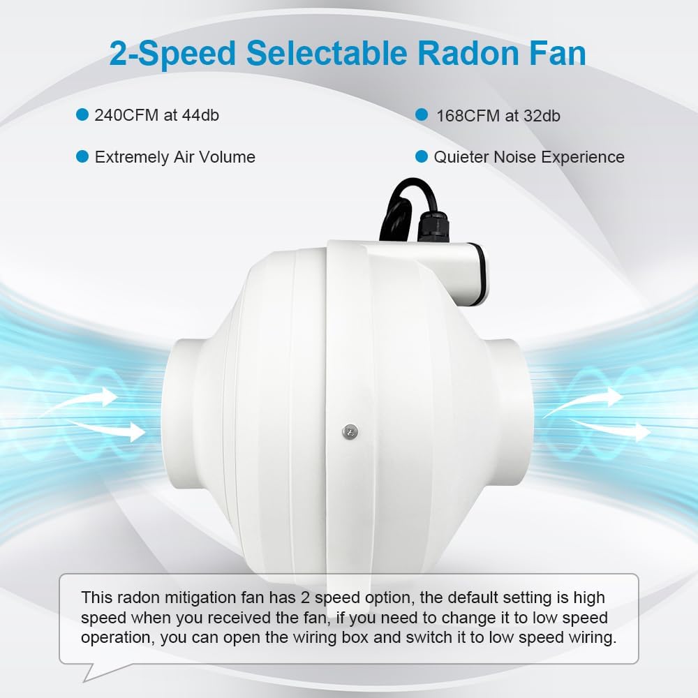 Kit mitigación radón 4-3 pulg ventilador 240CFM goma