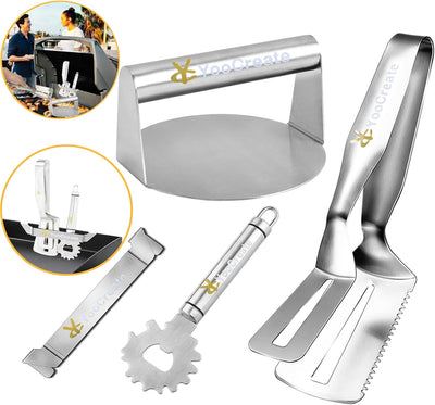 Kit 4 Utensilios Acero Inox Prensa Hamburguesas Espátula 3en1
