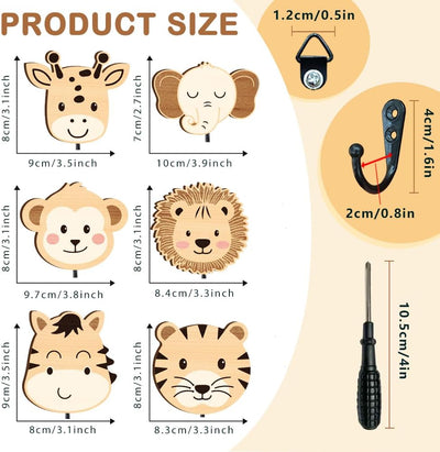 6 Ganchos Madera Animales Selva Decorativos Pared