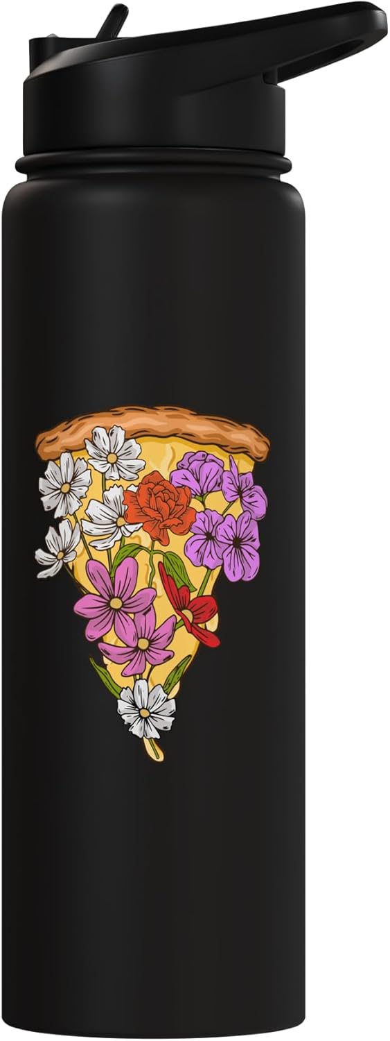 Bote de agua acero inoxidable aislado diseño flores pizza para amante de pizza