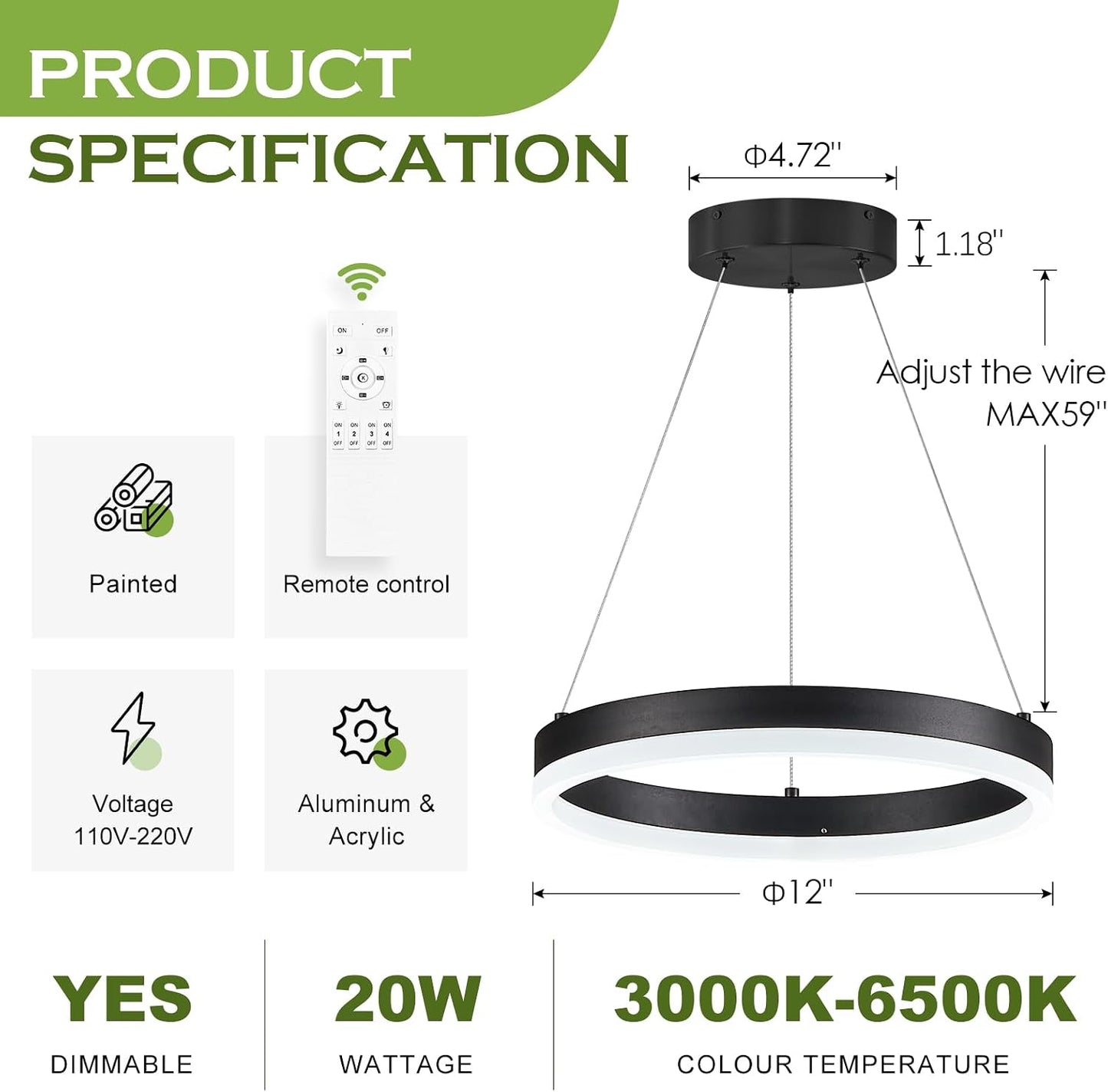 Lámpara araña LED negro comedor sala regulable control remoto D12