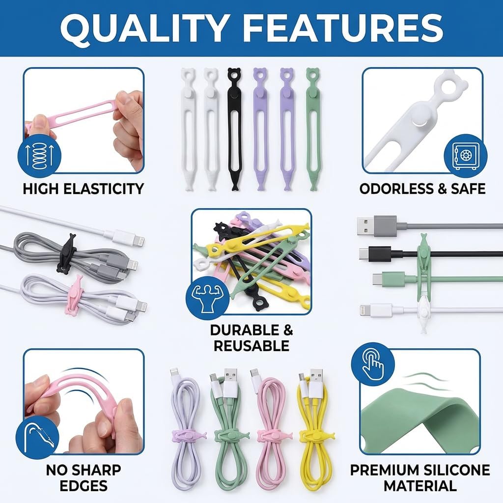 Organiz. cables silicona 42 picos reutilizable resistente