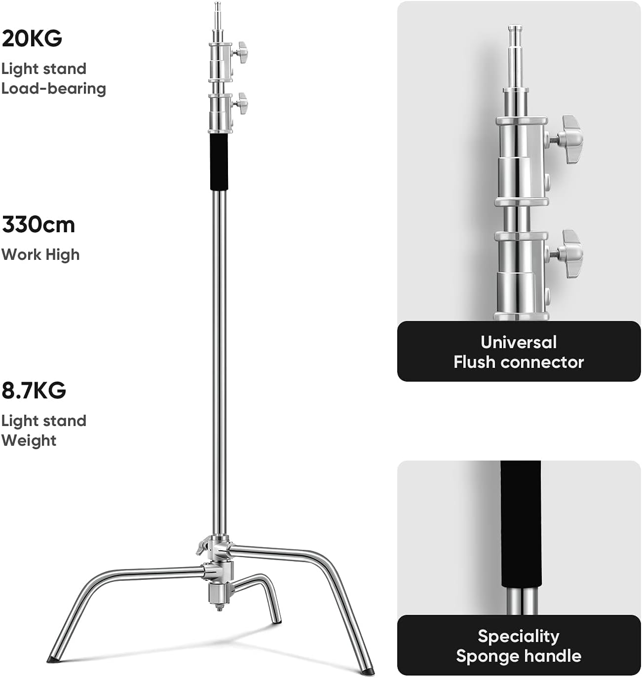 Soporte C acero inox 10.8ft brazo pluma 3 clips 2 agarres