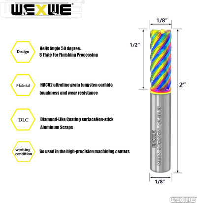 Fresa carburo 6 flautas DLC alta helicidad aluminio cobre 1/8"