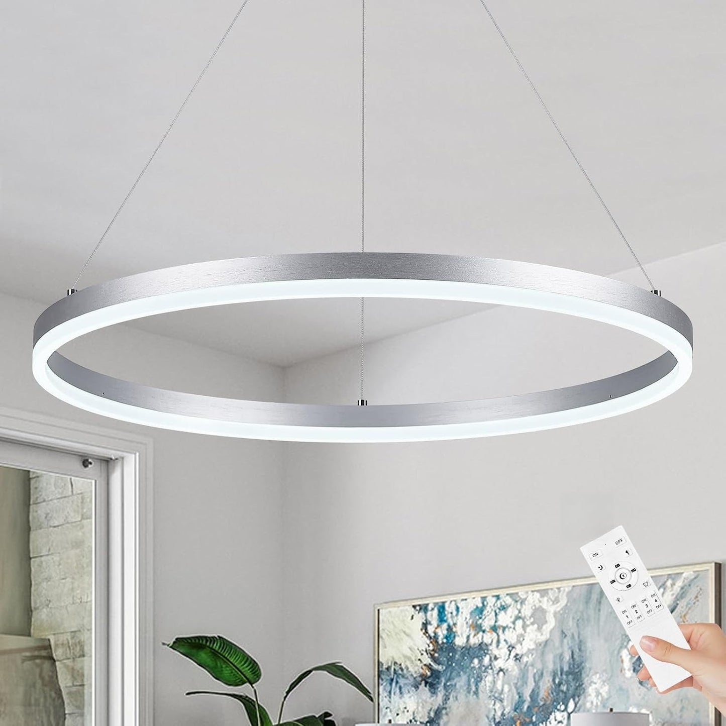 Lámpara colgante anillo LED 23.6pulg plateada regulable